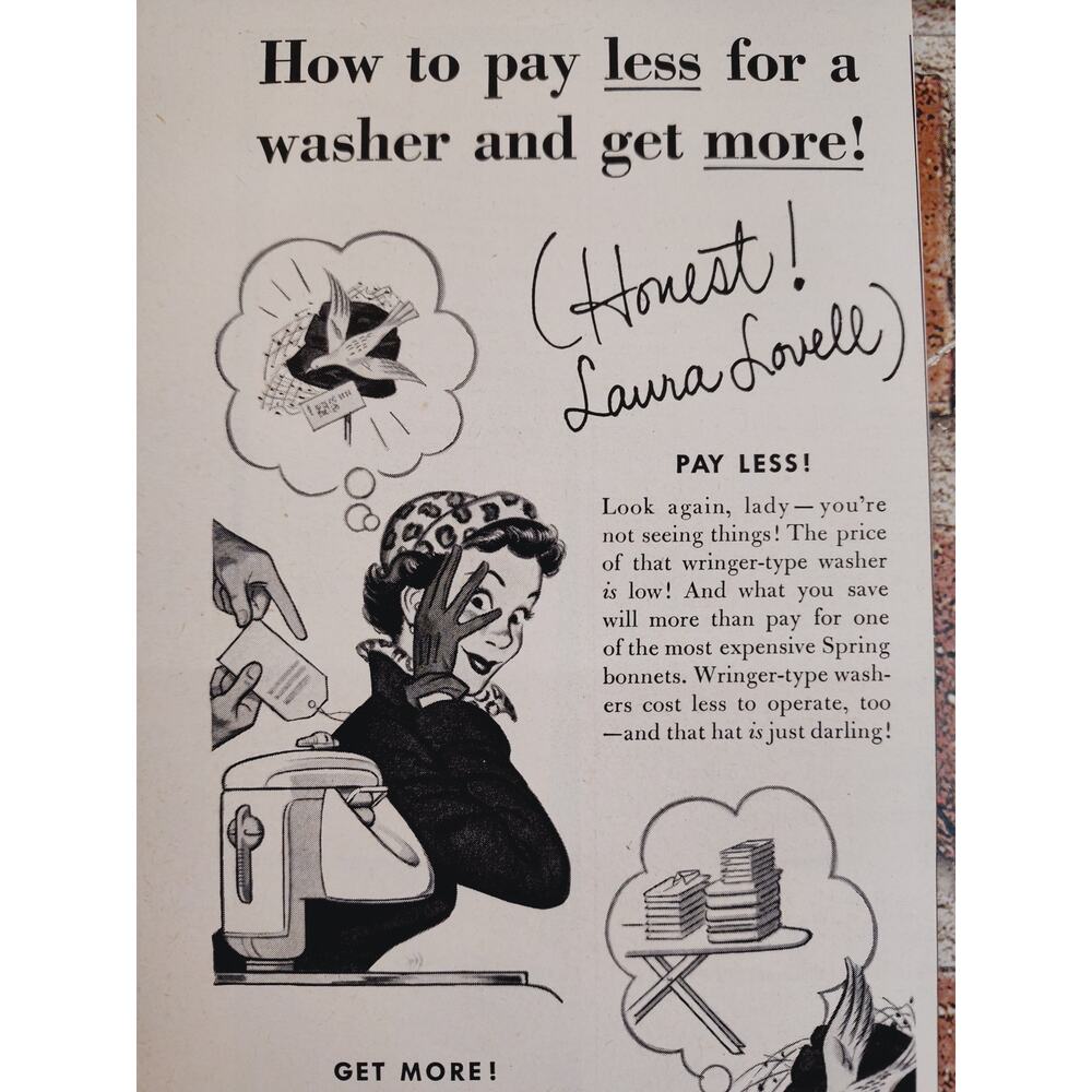 1950‎ How to Pay Less for a Washer and Get More - Lovell Wringer Vtg Print Ad